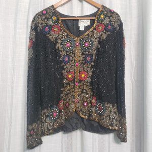 Vintage Joan Leslie Evenings Black Silk Sequin Bead Embroidery Jacket Size XL